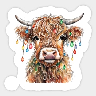 Baby Highland Cow With Christmas Lights Sticker